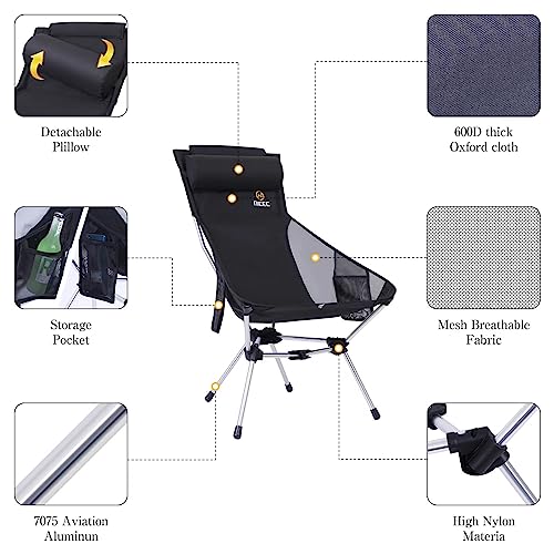 Nice C Ultralight High Back Fold Camp Chair, Compact Collapsible Backpack Hiking Festival Carry Chair, Heavy Duty Outdoor, Travel, Picnic, with 2 Side Pockets, Pillow, Carry Bag (1, Black)