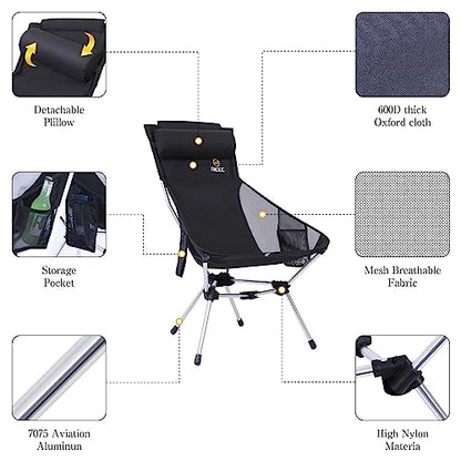 Nice C Ultralight High Back Fold Camp Chair, Compact Collapsible Backpack Hiking Festival Carry Chair, Heavy Duty Outdoor, Travel, Picnic, with 2 Side Pockets, Pillow, Carry Bag (1, Black)