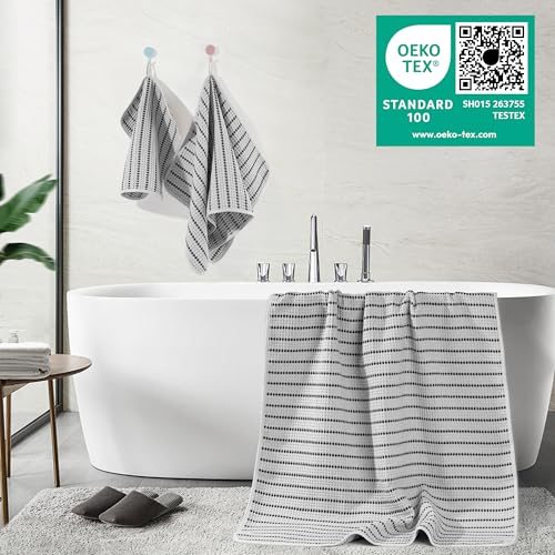POLYTE 430 GSM Microfiber Quick Dry Lint Free Oversize Bath Towel Set, 6 Piece (Waffle Weave) - color: Light Gray/Black
