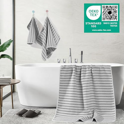 POLYTE 430 GSM Microfiber Quick Dry Lint Free Oversize Bath Towel Set, 6 Piece (Waffle Weave) - color: Light Gray/Black