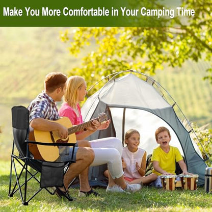 2PCS Folding Camping Collapsible Chairs Heavy Duty Lawn Chair with Cooler Bag, Storage Pocket, Waterproof Bag Outdoor Arm Chair, Supports 225LBS, Black