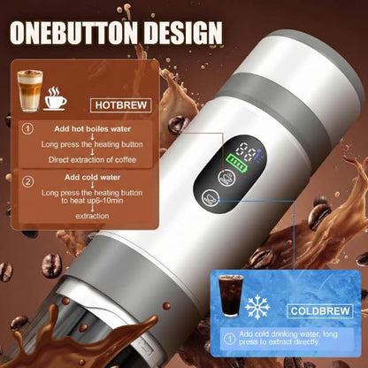 Portable Coffee Maker KF-JN-03 with Digital Display & 20 BAR Pressure – Hot & Cold Brew, Compatible with Coffee Grounds and Capsules, Compact Single-Serve Design with Transparent Cup & 60ml Tank - color: White
