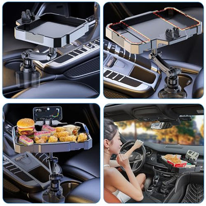 Larger Car Cup Holder Tray, 9~11 inch Expandable Car Food Tray for Eating Hamburger/Snacks, Car Travel Cup Coffee Table Stand 360° Rotating Tray Table with Phone Holder, Road Trip Essentials - color: Larger Tray