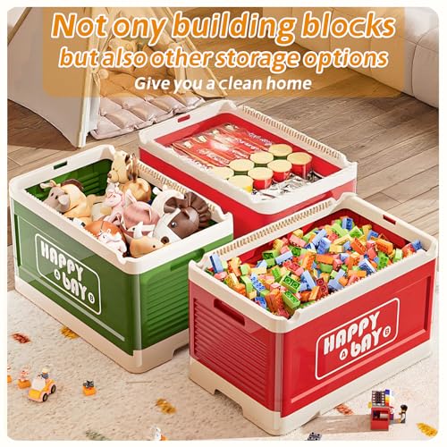 21L 22 Qt Folding Storage Box with Large Building Block Lid, Collapsible Toy Organizer Compatible with Duplo Blocks, Push Pull Storage Bin with Quiet Wheels(1pc-red) - color: Red