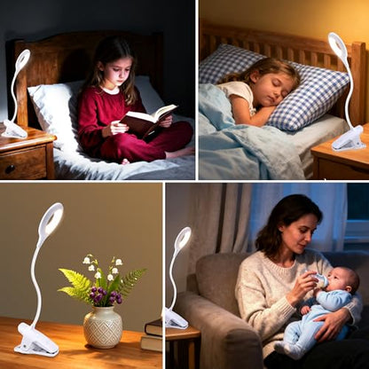 Akynite Desk Lamp LED Clip on Light, 5 Modes 5 Brightness Dimmable Clamp Lamp, Flexible Rechargeable Battery Clip on Reading Light for Bed Headboard Bunk Bed at Night for Kids (White) - color: White
