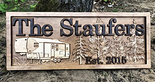 Personalized Camping Sign | Fifth Wheel Decor | Custom Camper Carved Wood Campsite Sign | Wooden RV Decor |Last Name 5th Wheel Trailer | Camping Gift