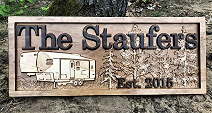 Personalized Camping Sign | Fifth Wheel Decor | Custom Camper Carved Wood Campsite Sign | Wooden RV Decor |Last Name 5th Wheel Trailer | Camping Gift