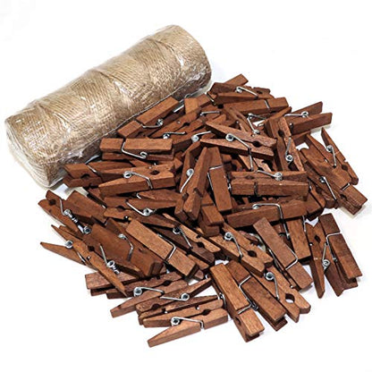 Mini Natural Wooden Clothespins with Jute Twine, 100pcs, 1.4 Inch Photo Paper Peg Pin Craft Clips with 320ft Natural Twine for Scrapbooking, Arts & Crafts, Hanging Photos (Rustic Brown) - color: Rustic Brown