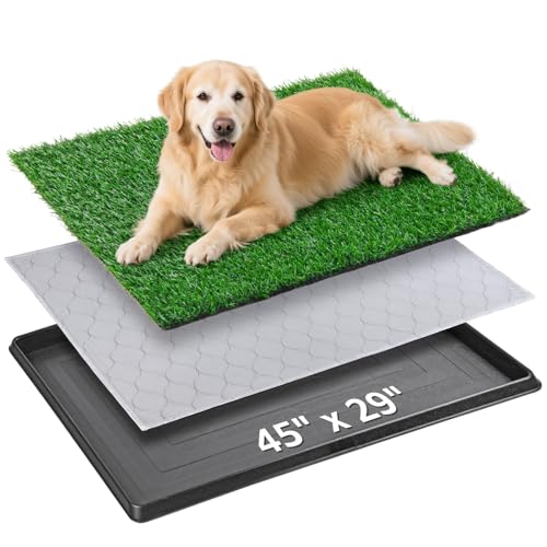 Dog Grass Pad with Tray, 45”×29” Large Dog Litter Boxes with Artificial Grass, Reusable Washable Pee Pads for Dogs, Indoor Outdoor Pet Toilet Puppy Training Potty for Balcony - size: 45"x29"（3 Layer Potty System)