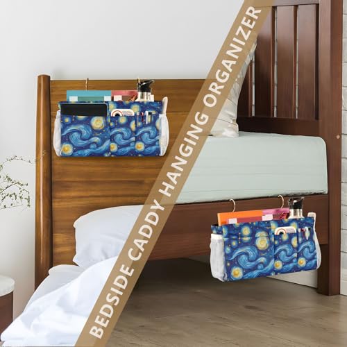Bedside Caddy Hanging Storage Bag Van Gogh Style Starry Night Bedside Organizer Caddy for Bunk, Dorm Room, Hospital Beds - Place Magazines / Remotes / Keys