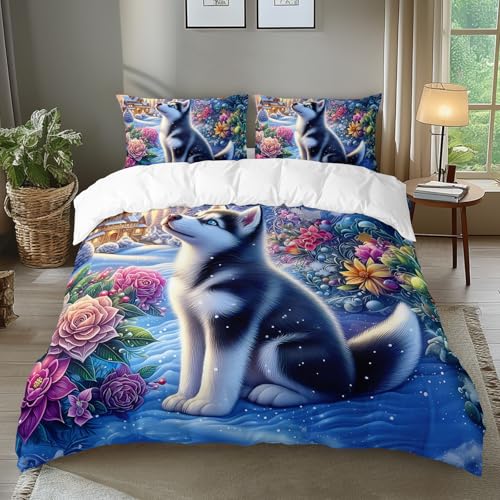 AILONEN Cute Husky Dog King Size Duvet Cover Set - Kawaii Puppy Bedding Bet for Kids Boys Girls - Floral Snow Comforter Cover + 2 Pillowcases - 3Pcs - color: Dog25, size: King