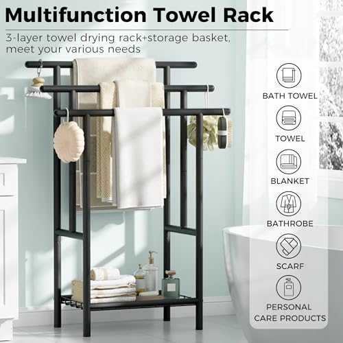 Free Standing Towel Racks for Bathroom, 3-Layer Towel Drying Rack with Storage Rack, Black Metal Towel Rack Stand, 12" W x 25.8" L x 39.4" H, UXJMJ002B