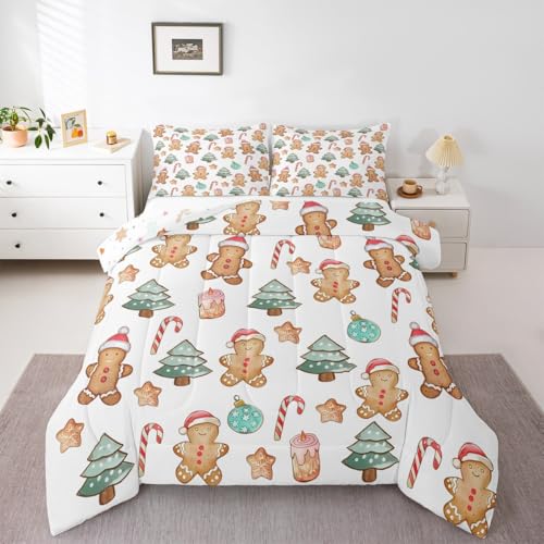 Feelyou Pink Gingerbread Comforter Set Twin Size Christmas Bedding Set for Kids Boys Girls Candy Cane Duvet Quilt Xmas Bedroom Decor Microfiber 2 Pcs with 1 Pillow Cases - color: Ch-01, size: Twin