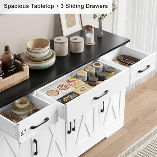 HOSTACK Buffet Sideboard Cabinet with Drawers, 55" Large Buffet Storage Cabinet with Shelves and Doors, Modern Farmhouse Coffee Bar Station Wood Kitchen Table for Kitchen, Dining Room, White/Black - color: White/Black