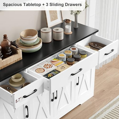 HOSTACK Buffet Sideboard Cabinet with Drawers, 55" Large Buffet Storage Cabinet with Shelves and Doors, Modern Farmhouse Coffee Bar Station Wood Kitchen Table for Kitchen, Dining Room, White/Black - color: White/Black