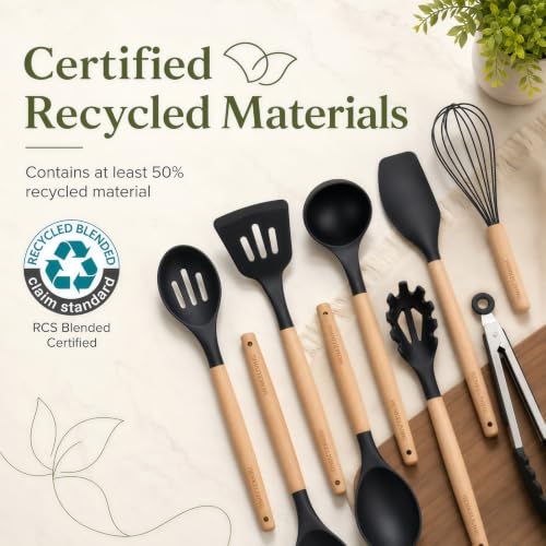 Silicone 10 Pcs Kitchen Cooking Utensils Set, Recycled Materials Certification, BPA Free Spatula Set with Heat Resistant Wood Handles for Nonstick Cookware, Black - color: Black