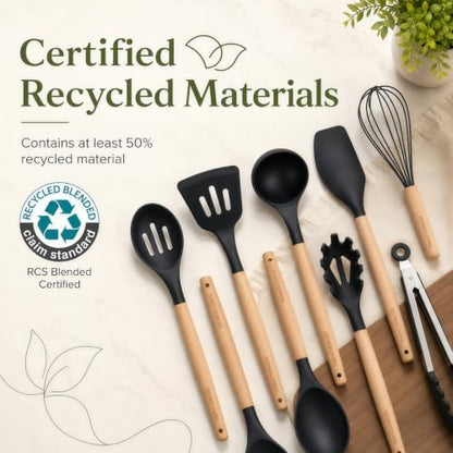 Silicone 10 Pcs Kitchen Cooking Utensils Set, Recycled Materials Certification, BPA Free Spatula Set with Heat Resistant Wood Handles for Nonstick Cookware, Black - color: Black