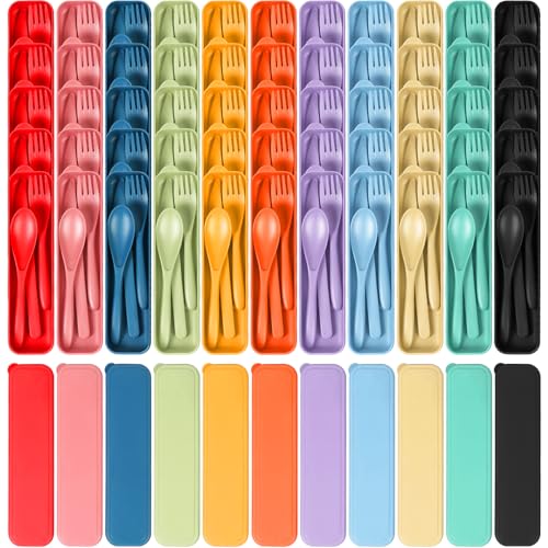 YDYTOP Reusable Travel Utensils Set with Case, 55 Sets Wheat Straw Knife Fork Spoon Cutlery, Multicolor Plastic Silverware for Kids and Adults, School Lunch, Party, Picnic and Camping - color: 55Sets - Red, Pink, Dark Blue, Nordic Green, Yellow, Orange, P