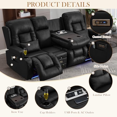 TUNYI Power Loveseat Recliner Sofa with Massage & Heat Home Theater Seating with Console RV Recliner Loveseat Sofa with USB/Storage/Side Pocket/LED Light/Speaker (Black, 3 Seat with Console) - color: Black, size: 3 Seat with console