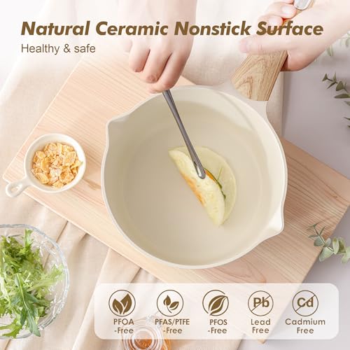 SENSARTE 2.0 & 3.0 Quart Ceramic Sauce Pan Sets with Lid, Cooking Pots Set, Nonstick Saucepan Set with Pour Spout, Small Kitchen Pot, Non toxic Saucepot, Induction Comptable, PFOA PTFE PFAS Free - color: Ceramic White, size: 2.0 + 3.0 Quarts