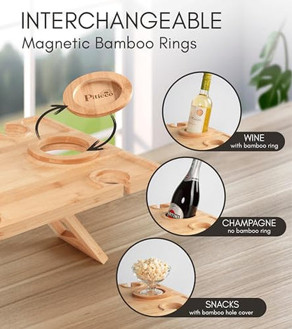 Portable Wine Picnic Table - Foldable Bamboo Snack Tray with Glass & Bottle Holders - Picnic Wine Set for Beach, Camping, Park - Gift for Wine Lovers
