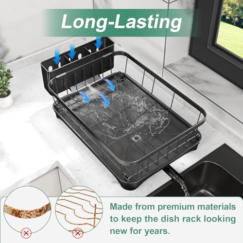 Dish Drying Rack for Kitchen Counter – Large Capacity Single Tier Dish Drainer with Utensil Holder & Cutlery Tray, Space Saving Countertop Organizer, Black - color: Single Tier - Black