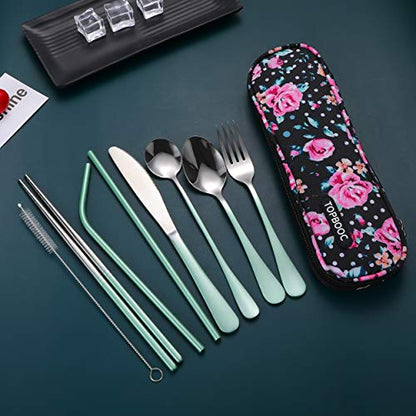 Travel Utensils,Reusable Silverware Set To Go Portable Cutlery Set with a Waterproof Carrying Case for Lunch Boxes Workplace Camping Picnic (GraGreen) - color: Gradient Green + TeaSpoon