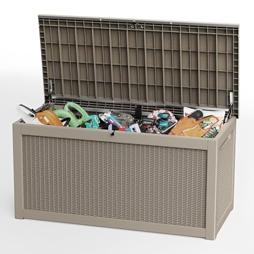 260 Gallon Deck Box, Waterproof Resin Outdoor Storage Box with Lockable Lid, Patio Storage Box with Fade Resistant for Patio Furniture Cushions, Pool Accessories, Garden Tools, Light Coffee - color: Light Coffee, size: 260 Gallon