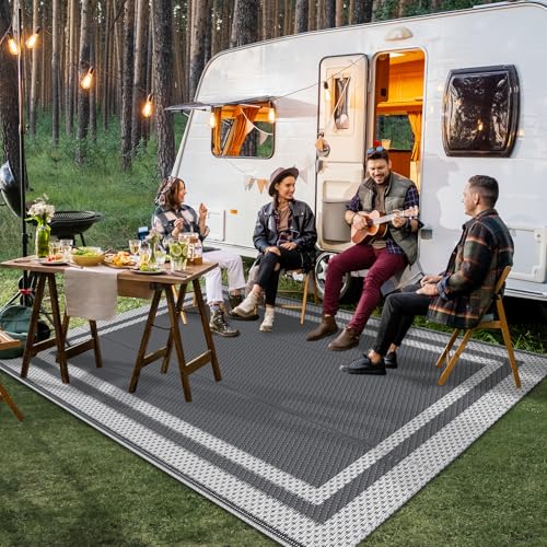 HappyTrends,Outdoor Rug,Patio Rug,Reversible Portable Outdoor Plastic Straw Rug,Camping Rugs for Outside RV,Large Waterproof Area Rugs for Patio,Deck,Picnic,Porch,Balcony(4'x 6',White&Gray) - size: 4' x 6' (Rectangular)