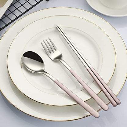 DEVICO Portable Travel Utensils with Case, Reusable Camping Silverware for Lunch, 18/8 Stainless Steel Cutlery Set (Pink) - color: Pink