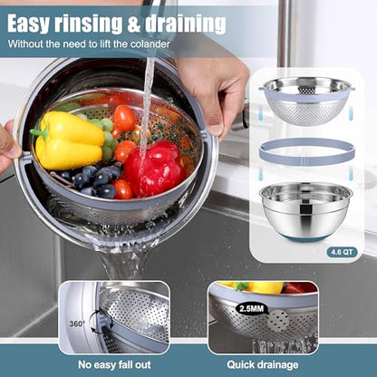 E-far Mixing Bowls with Lids Set, 15PCS Stainless Steel Mixing Nesting Bowls with Colander and 3 Metal Graters for Kitchen, Non-Slip Bottom & Airtight Transparent Lid, 4.6, 3, 1.5, 1, 0.7QT, Blue - color: Blue