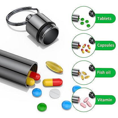 Small Pill Box,(2 Pack) Keychain Pill Holder Portable Mini Travel Pill Container Metal Case Bottle with Keyring - color: Gray+black