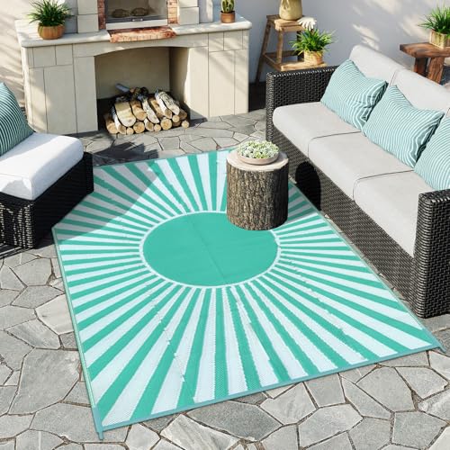 Wonnitar 6x9 Outdoor Rug Waterproof - Portable Outdoor Camping RV Rug, Reversible Large Plastic Straw Patios Mat, Outside Carpet for Deck Picnic Balcony Backyard (Blue-Green, 6'x9') - color: Blue-green, size: 6' x 9' (Rectangular)