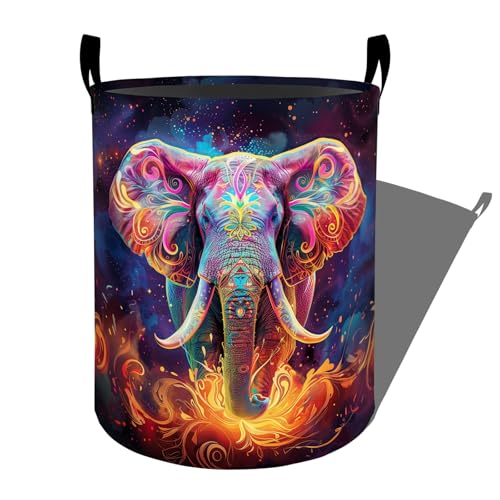 Vibrant Cosmic Elephant with Flames Laundry Basket with Handles, 19.7"x15.7" Clothes Foldable Laundry Hamper Organizer for Dorm Nursery Bedroom Bathroom Decor, Toy Storage Bin for Kids - style: Elephant30
