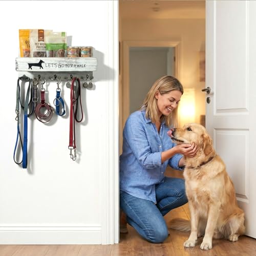 Wood Dog Leash Holder for Wall, Key Hangers with 5 Double Key Hooks, Dog Leash Hanger Wall Mounted for Entryway, Farmhouse Treats,35cm,White - color: White