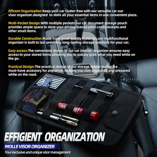BXBXHD Molle Car Sun Visor Organizer, Car Accessories with Zipper Visor Storage Pouch & Glasses Clip, Molle Panel for Tactical Gears, Fits Most Vehicles, SUVs, Trucks(Black)