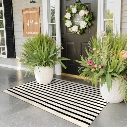 Collive Black and White Outdoor Rug Door Mat 24"x 51", Cotton Woven Striped Front Doormat, Washable Front Porch Outdoor Decor for Farmhouse Front Door Layered Kitchen Porch - color: Black Strips, size: 2' x 4'3" (Rectangular)