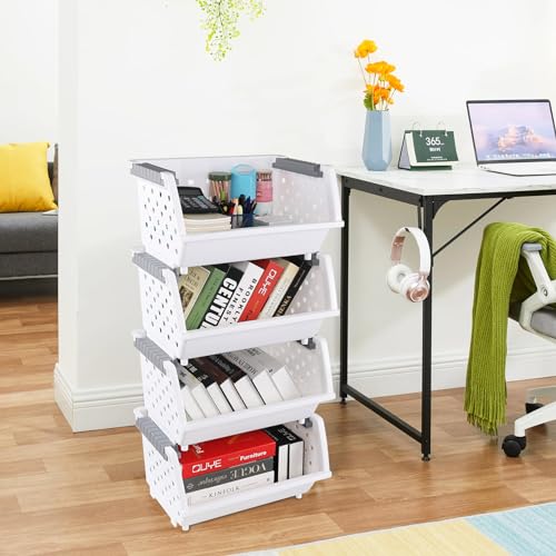 Set of 4 Plastic Stackable Storage Baskets, Stackable Organizer Bins for Kitchen, Pantry and Bathroom, White