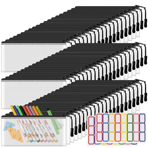 YOPCDJ 60 Pack Mesh Zipper Pouch Bags, Small Black Pencil Pouches, 9.2 x 4.7 in Clear Pencil Pouch Bulk, Pencil Bags with Zipper for Travel Storage - color: Black, size: A6 60