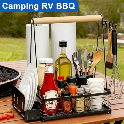 Grill Caddy with Plate Holder and 2Paper Towel Holder, Picnic BBQ Condiment Utensil Organizer Caddy for Outdoor Cooking, RV, Camping Essential, Camper Must Haves, Grilling Gifts