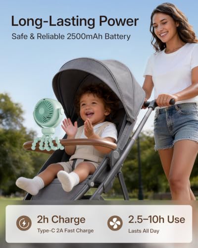 SWEETFULL Portable Stroller Fan, Pinch-Proof Baby Fan, 5-Speed Quiet Mini Clip on Fan, USB-C Rechargeable Battery, LED Display for Car Seat, Crib & Travel - Green - color: Green