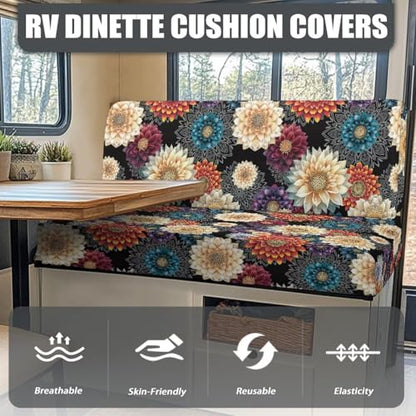 RV Dinette Cushions Covers, Bohemia Flower RV Sofa Seat Slipcovers with 1 Backrest Cover & 1 Bench Cover Sofa Slipcovers Accessories for Travel Trailer Couch - color: Bohemia Flower