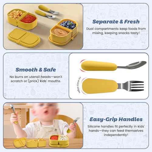 Silicone Snack Containers for Kids (8.5Oz, 2-Compartment)+ Kids Silicone Cutlery Set (Spoon and Fork) - BPA Free, Leak Proof, Great for Toddler/Kid/Adult Meal Prep Containers (yellow) - color: Yellow