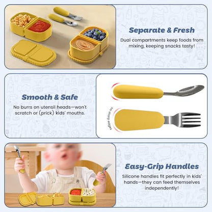 Silicone Snack Containers for Kids (8.5Oz, 2-Compartment)+ Kids Silicone Cutlery Set (Spoon and Fork) - BPA Free, Leak Proof, Great for Toddler/Kid/Adult Meal Prep Containers (yellow) - color: Yellow
