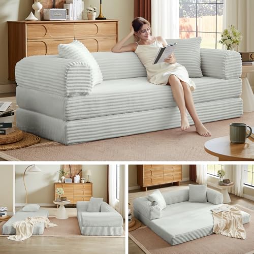 Boneless Couch Futon Sofa Bed Sectional Couches for Living Room,Cloud Couch with Sleeper Sofa,Sofas for Living Room Oversized Corduroy Upholstered (Light Grey, 76 Inches (No Iron Frame)) - color: Light Grey, size: 76 Inches