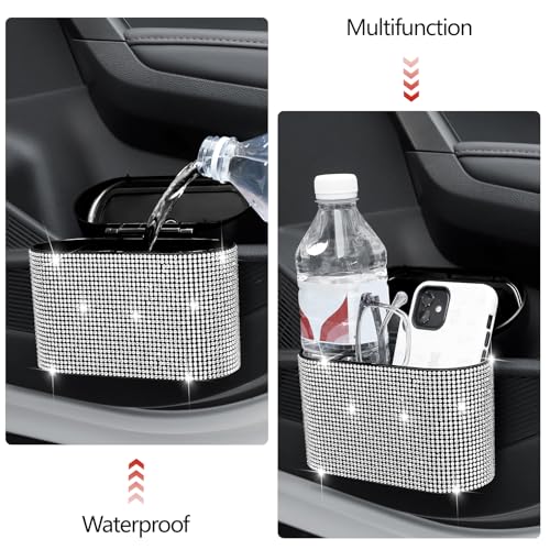 NBTEPEM Bling Car Trash Can with Lid - 2 Pack, Mini Auto Garbage Can with 60 Trash Bags, Automotive Garbage Container Bin, Bling Car Accessories Trash Can for Women (Silver Diamond) - color: Silver Diamond