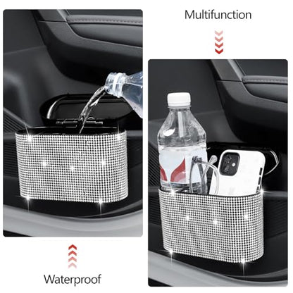 NBTEPEM Bling Car Trash Can with Lid - 2 Pack, Mini Auto Garbage Can with 60 Trash Bags, Automotive Garbage Container Bin, Bling Car Accessories Trash Can for Women (Silver Diamond) - color: Silver Diamond