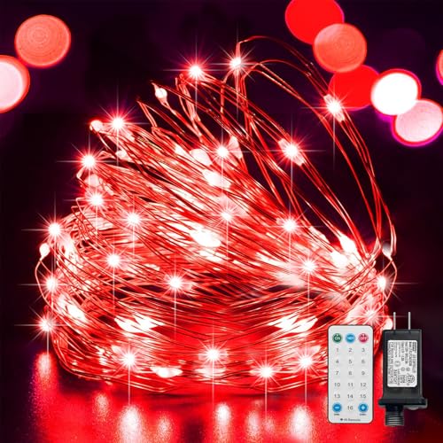 LAMPHOME Valentine's Day Red Fairy Lights Plug in, 33Ft 100 LEDs Waterproof Twinkle Firefly Lights, Starry String Lights for Galentine's Day Wedding Indoor Outdoor Christmas Patio Garden - color: Red, size: 100 Count
