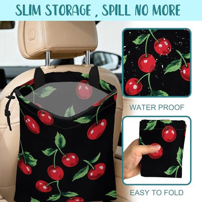 Car Garbage Bag Bright Red Cherries Hanging Canvas Car Trash Bag Drawstring Car Back Seat Organizer for Car Back Front Seat Console with Adjustable Buckle - color: Bright Red Cherries