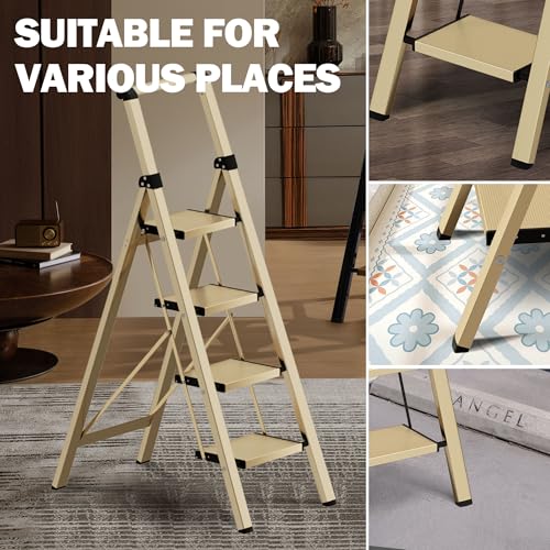 4 Step Ladder, Lightweight Folding Step Stool with Anti-Slip Aluminum Wide Pedal& Convenient Handgrip, 330lbs Capacity Steel Ladder for Household and Office (Gold) - color: Gold, size: 4 Step